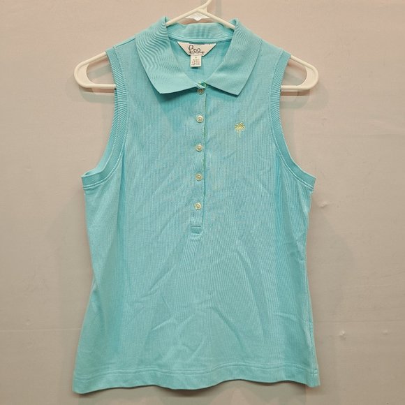 Lilly Pulitzer Tops - Lilly Pulitzer Sleeveless Polo Tank Womens Medium Palm Tree Blue Yellow